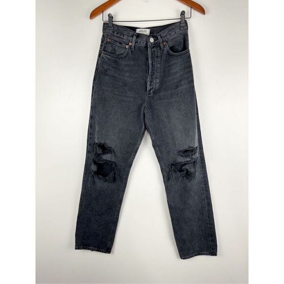 AGOLDE Denim - Agolde Women's Distressed Button Fly Straight 90's Jeans Charcoal Black Size 26